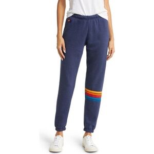 Aviator Nation Navy Blue Women's Rainbow Stitch Sweatpants Joggers 5 stripes Med